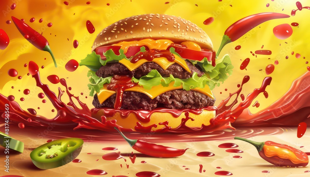 hamburger backdrop with vibrant colors e nice dynamism, the background features vivid colors, hot sauce splashes and red chili 
