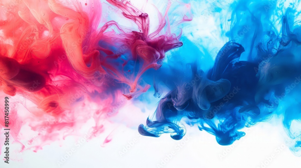 Fototapeta premium Acrylic blue and red colors in water. Ink blot. Abstract background. Horizontal long banner.