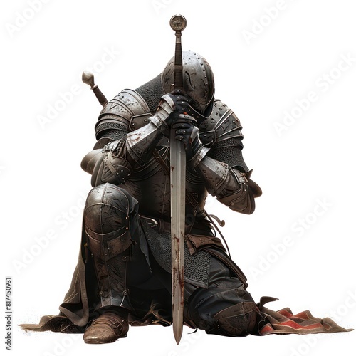 illustration of a medieval knight kneeling in prayer with a sword, realistic on a white background 