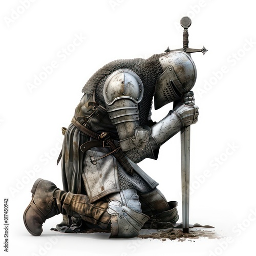 illustration of a medieval knight kneeling in prayer with a sword, realistic on a white background 
 photo
