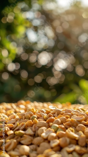 gold peanut pile in simple blurred background, vertical wallpaper 