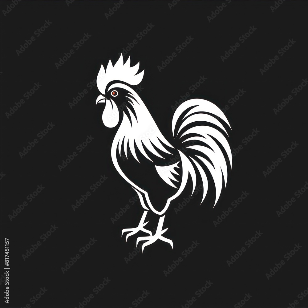 Rooster logo illustration, side view in thick white outline on a black background
