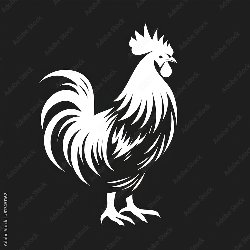 Rooster logo illustration, side view in thick white outline on a black background
