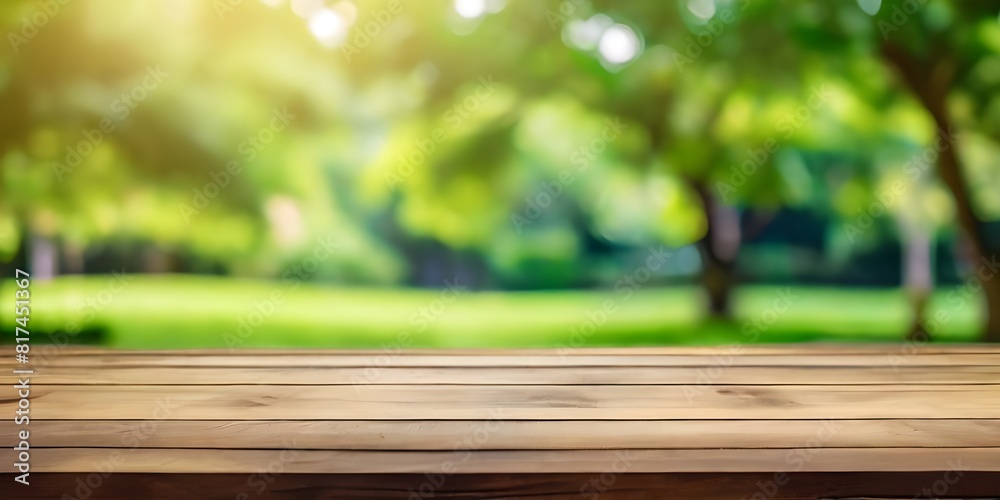 Rustic Wooden Table with Blurred Green nature Foliage Background – Ideal for Outdoor Product Display or Natural Scene Mockup