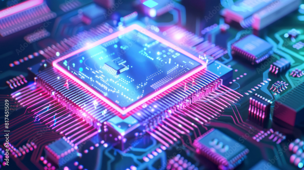 An unfinished cpu chip in a style that merges shallow depth of field, holography, and striped elements. An unfinished cpu chip in a style that merges shallow depth of field, holography, and striped elements.
