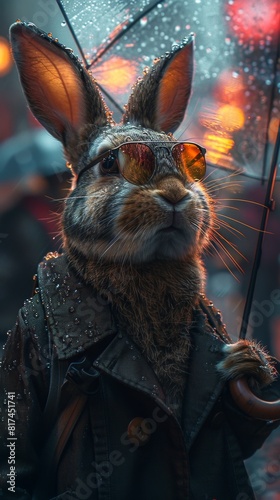 A realistic rabbit, wearing a handsome black suit jacket, a hacker image, sunglasses, mysterious, senior, technical agent, holding a transparent umbrella, with the technology building in the backgroun