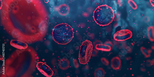 Small bacteria floating on a dark background in a style that merges light red and azure tones, layered mesh, circular shapes, hard-edge elements, and radiant clusters.