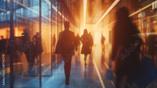 Business people traverse a hallway  their journey depicted in a style that conveys movement  material focus  and transportcore influences.