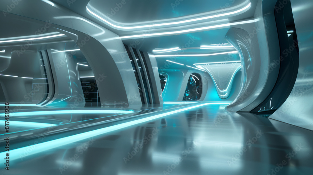 The interior of a futuristic style 3d setting in a style that blends futuristic sci-fi aesthetic, vibrant stage backdrops, and internet academia.