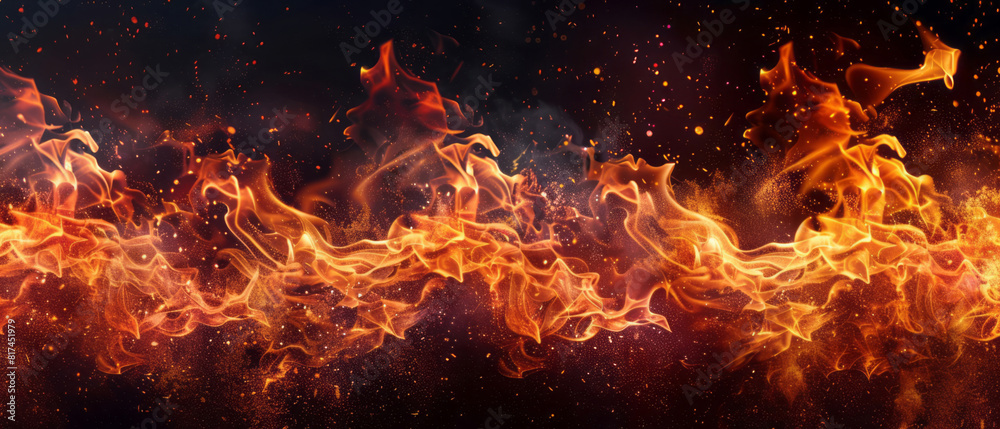 Flames and fires on a black background in a style that includes panoramic scale, stereoscopic photography, and powerful symbolism. Flames and fires on a black background in a style that includes panoramic scale, stereoscopic photography, and powerful symbolism.