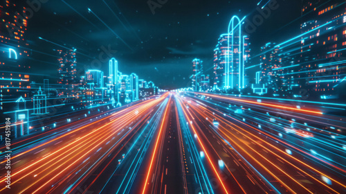 A futuristic cityscape with an urban road and neon lights in a style that merges long distance and deep distance  intersecting lines  and high speed sync.