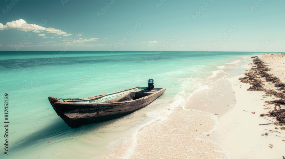 A boat ashore beside turquoise water in a style that includes a vintage atmosphere and landscape photography. A boat ashore beside turquoise water in a style that includes a vintage atmosphere and landscape photography.