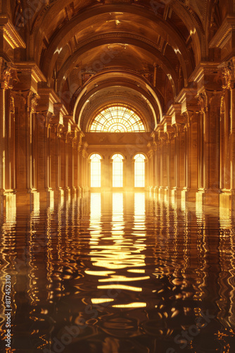 A 3d depiction of the interior of a golden building is portrayed in a style that merges classical landscapes  dark reflections  calming symmetry  luminosity of water  and expansive elements.