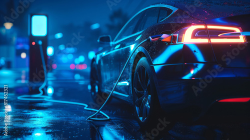 An electric car being charged in blue light in a style that includes dynamic lettering and fluid networks.