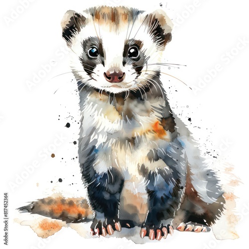 artistic watercolor of a ferret with some nature landscape, whole body on a white background 