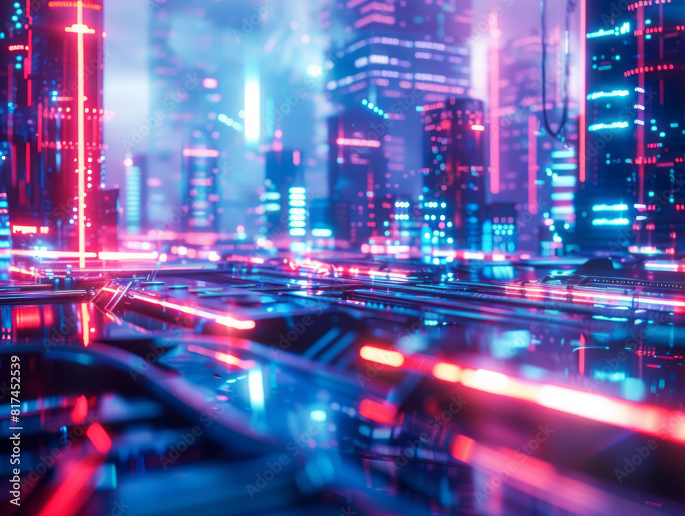 A futuristic image of AI with neon lights in a style that merges cityscape abstraction, multi-layered color fields, focus on joints/connections, hyper-realistic atmospheres, and architectural grids.