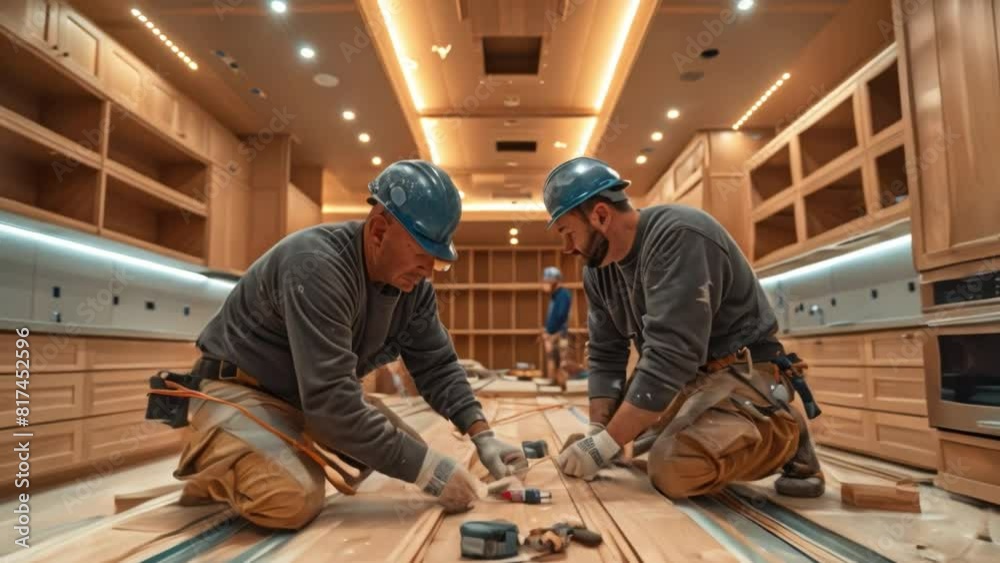 The team installed the wooden floor in the kitchen. Showcase complete kitchen equipment The team installed the wooden floor in the kitchen. Showcase complete kitchen equipment
