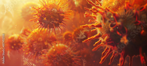 A group of yellow red coronaviruses is portrayed in a style that includes photorealistic detail.