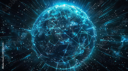 An animated earth with blue lights in a style that merges grid formations, aggressive digital illustration, intertwined networks, spherical sculptures, dark black and light aquamarine tones.