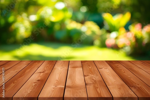 empty wooden table top with a blurred background of a lush green garden - Perfect for Outdoor, Nature, and Garden Designs and for Product Display Table