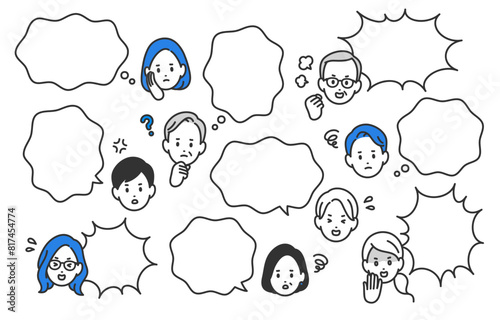 ネガティブなビジネスパーソンとふきだし･アイコンのセット【人物ベクターイラスト素材】