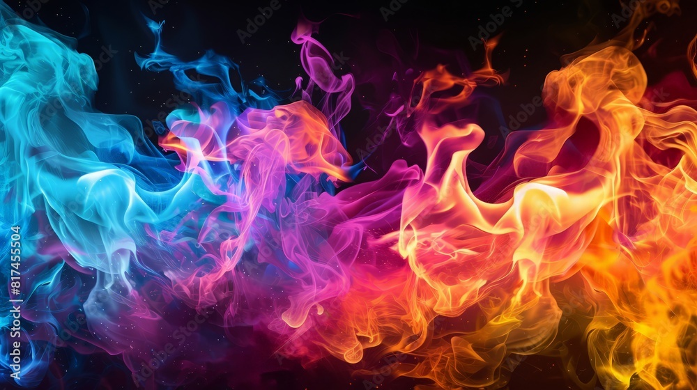 Multi colored fire flames on black background