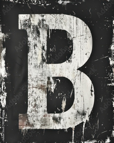 B capital letter, white and bold on a black background, grunge and worn out 
