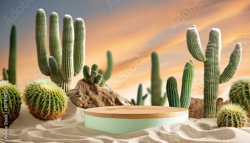 3D podium in a desert scene, featuring cacti, sand, and stones for a summer cosmetic display surrounded by vibrant green cacti and golden sand, perfect for showcasing background