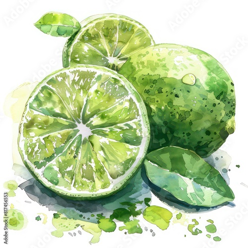 illustration in watercolor painting style of vivid green lime  whole and half s isolated on a white background  