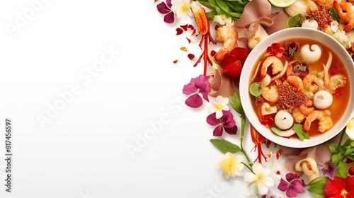 Tom Yum Goong Thai hot spicy soup on white background with beautiful flower