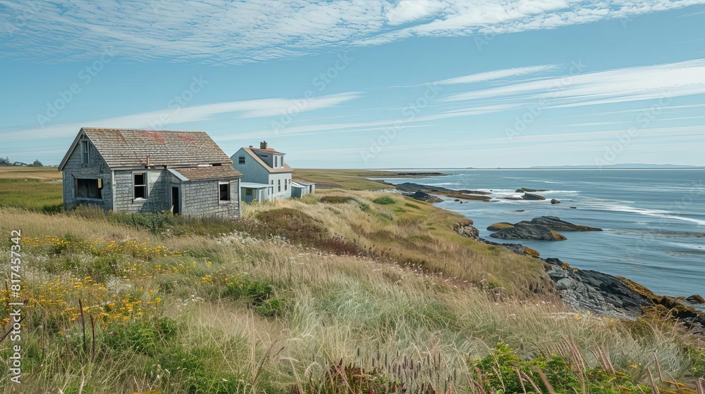 Abandoned houses along a coast, now used for climate research and monitoring, repurposed and scientific Abandoned houses along a coast, now used for climate research and monitoring, repurposed and scientific