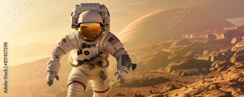An astronaut commanding a mission on Mars, the red planets landscape sprawling behind, pioneering and bold photo