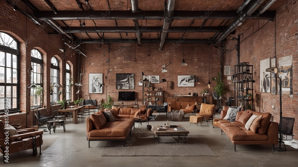 Industrial loft with exposed brick walls, metal pipes, and a collection of industrial-style furniture. Close up