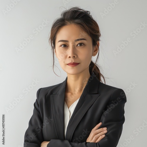 realistic portrait of a business woman dressed in a suit on a white background 