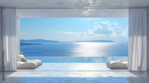 The open window of the villa offers a view of the sea. An idyllic picture of relaxation and tranquility. Generative AI © kovalovds