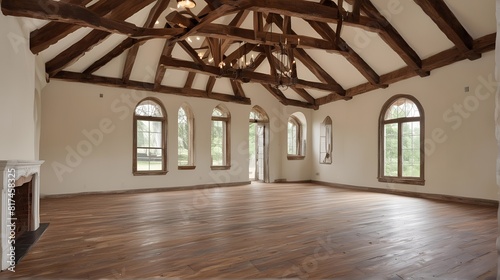 Modern mid century empty room with interesting architectural details, such as exposed beams or vaulted ceilings. Close up