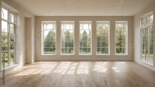 Scandinavian empty room with large windows that allow natural light to flood in. Close up