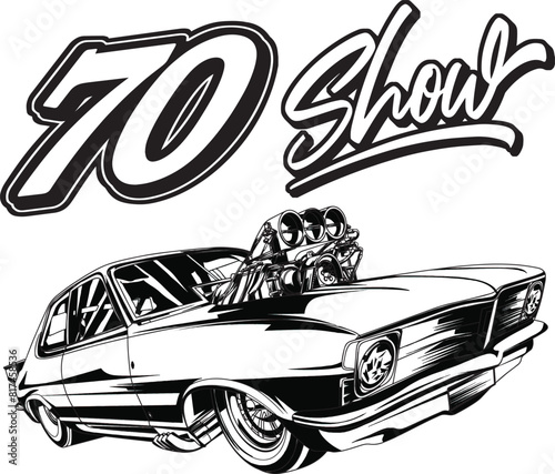 Outline and painted racing car. Isolated in black background, for t-shirt design, print. and for business purposes.