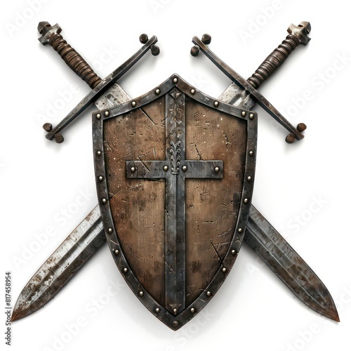 shield with crossed swords, realistic and medieval on a white background 