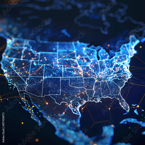 Digital map of USA  concept of North America global network and connectivity  data transfer and cyber technology  information exchange and telecommunication Generative AI 