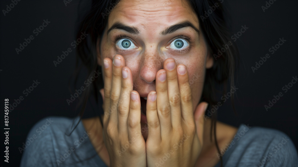 Portrait of a woman covering her mouth with both hands, looking surprised and delighted, with dark hair and blue eyes, against a black background, focusing on detailed facial expressions of joy Portrait of a woman covering her mouth with both hands, looking surprised and delighted, with dark hair and blue eyes, against a black background, focusing on detailed facial expressions of joy