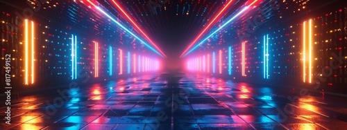 3d abstract with neon light on dark night Glowing, frame neon hyper space in technology neon light background, empty space, spotlight cyber futuristic sci-fi background, Laser glow ultraviolet light.