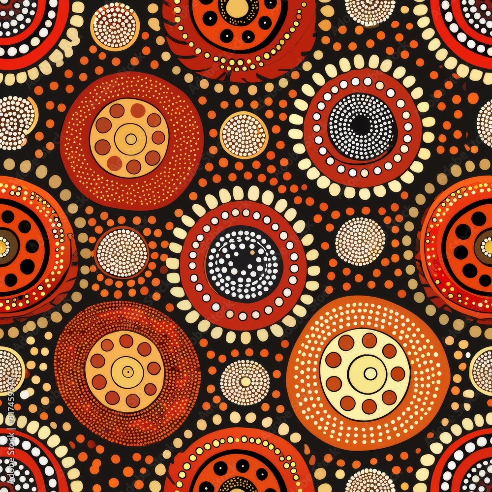 Fototapeta premium Seamless pattern of Aboriginal dot painting motifs in earthy tones, celebrating the rich cultural heritage of Indigenous Australians, Generative AI