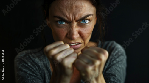 Portrait of an angry and frustrated woman clenching her fists and gritting her teeth, with dark hair and blue eyes, against a black background, focusing on detailed facial expressions of anger  photo