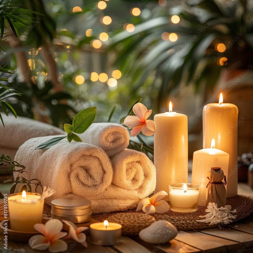 Spa still life with towels, candles and flowers.