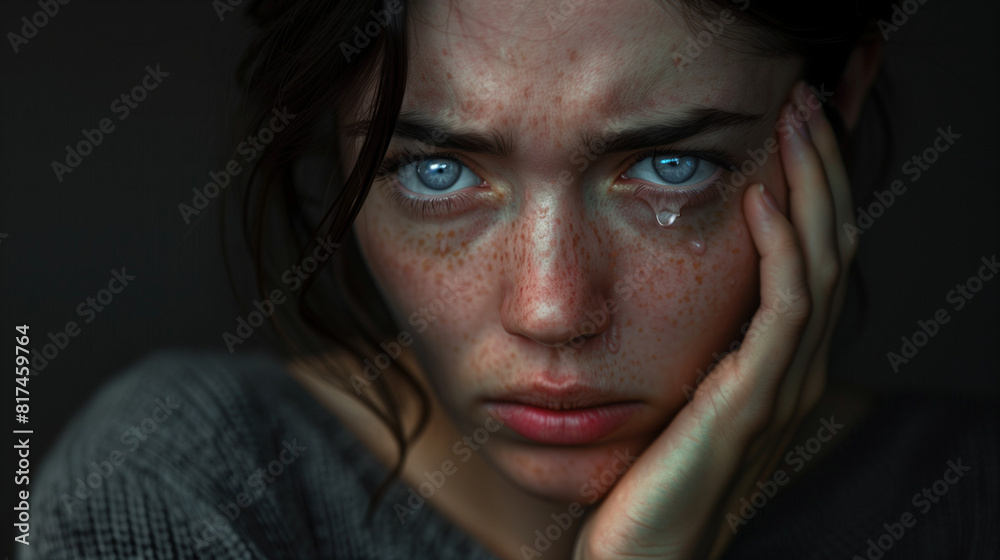 Portrait of a deeply sad and reflective woman wiping a tear from her eye, with dark hair and blue eyes, against a black background, focusing on detailed facial expressions of sorrow and melancholy.
Portrait of a deeply sad and reflective woman wiping a tear from her eye, with dark hair and blue eyes, against a black background, focusing on detailed facial expressions of sorrow and melancholy.