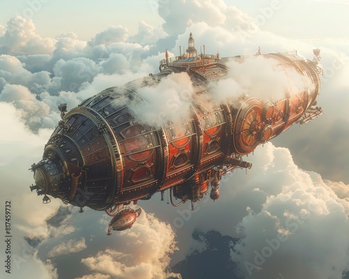 The airship is a fictional flying vehicle, usually depicted as a large cigar-shaped balloon with a passenger cabin and a number of propellers. photo