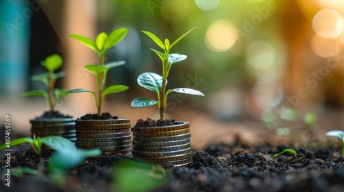 Seedlings growing out of soil with blurred background