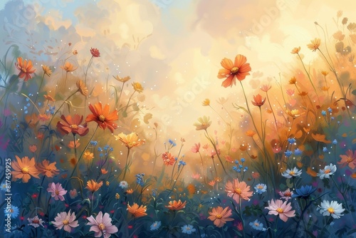 Oil painting of a beautiful summer landscape with blooming flowers. © INsprThDesign