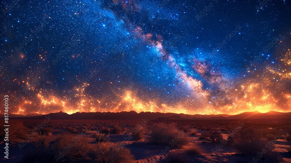 Desert at night with starry sky and orange glowing horizon. Desert at night with starry sky and orange glowing horizon.